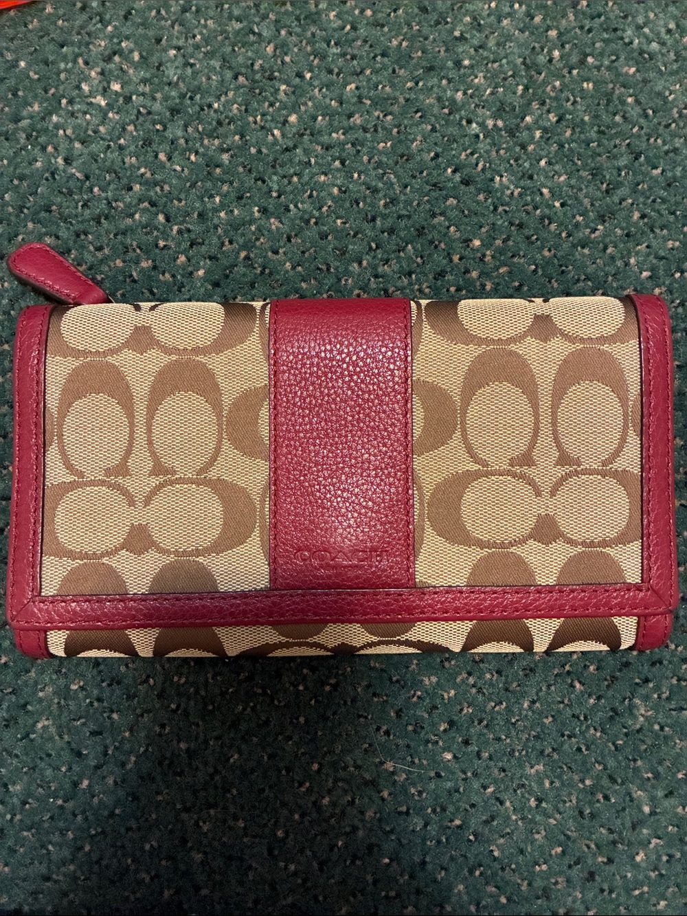 Coach Brown Signature Canvas Wallet with Red Leather Accents